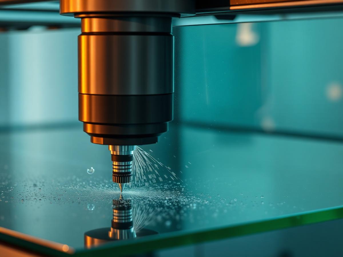 Máquina CNC executando recorte especial em chapa de vidro
